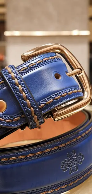 Blue belt with intricate brown stitching and a gold buckle on display