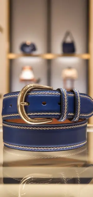 Blue leather belt with light stitching and a polished silver buckle in a luxury showroom.