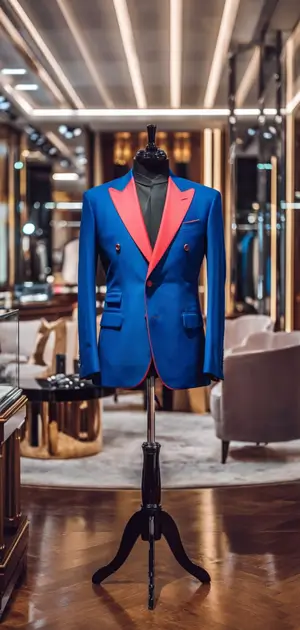 Double-breasted blue blazer with bold red lapels