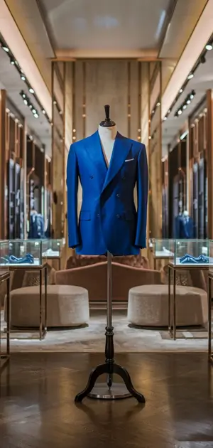 Solid blue double-breasted blazer on display.