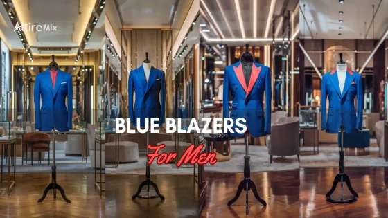 Mannequins showcasing Blue Blazers For men in a luxury store setting