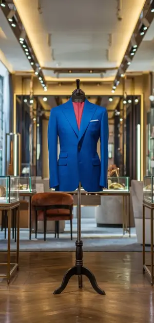 Blue blazer with a red shirt underneath in a store