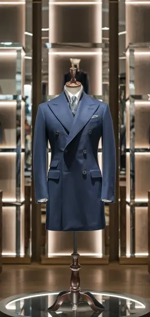 Navy blue men's coat with formal tailoring