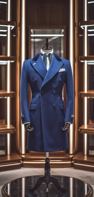 Deep blue double-breasted coat with luxury detailing
