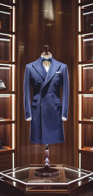 Rich blue coat displayed in a luxurious store.