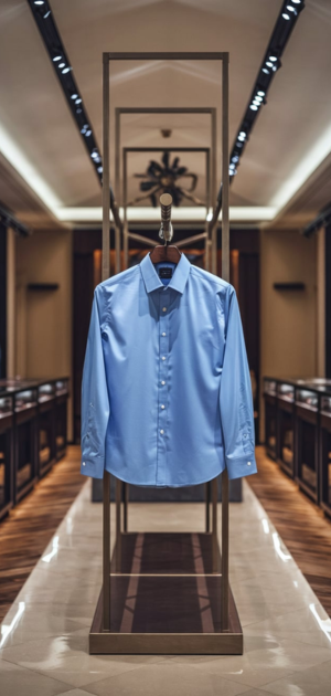 Blue formal dress shirt on a hanger in a sophisticated store interior.