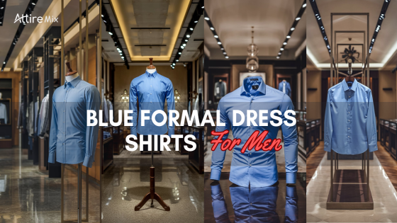 Blue formal dress shirts for men displayed in a high-end clothing store setting.
