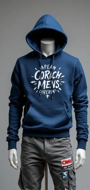 Navy blue hoodie with white text reading "CORICH MENS" on the front