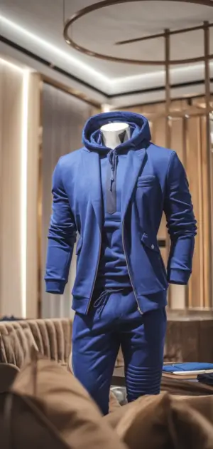 Blue hoodie paired with a blazer on a mannequin.