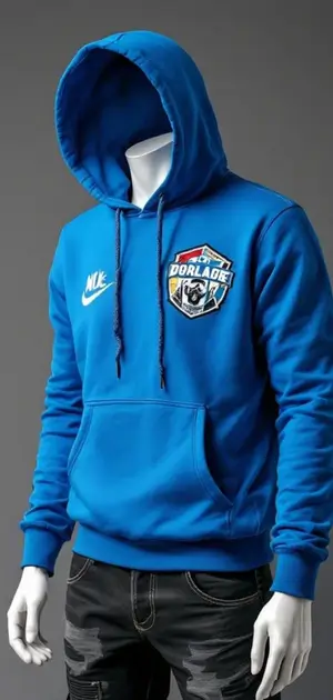 Blue hoodie with a sports logo and white Nike branding on the chest