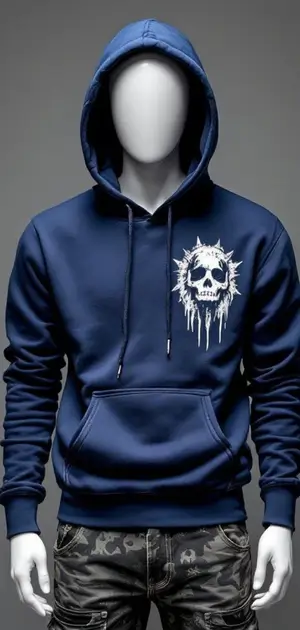 : Navy blue hoodie with a white skull graphic on the left chest.