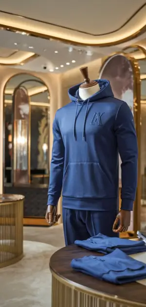 Dark blue hoodie with logo detail on a mannequin