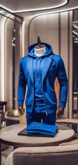 Blue hoodie with matching pants on a mannequin in a modern setting