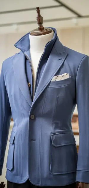 Casual blue blazer with high collar displayed on a mannequin