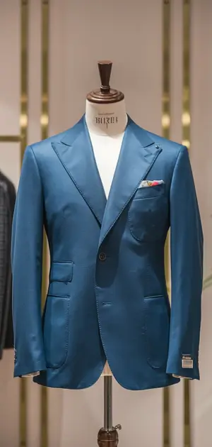 Classic blue suit jacket displayed on a mannequin.