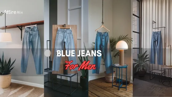 collage of blue jeans for men displayed in stylish interior settings