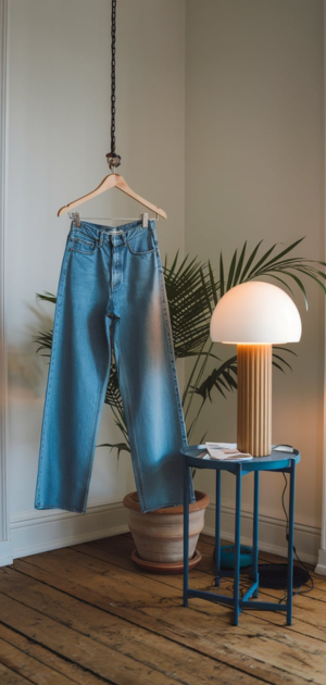 Light blue jeans on a wooden hanger with a lamp and green plant.