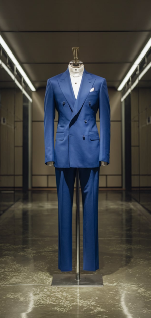 Double-breasted blue suit with classic tailored pants on a mannequin in a sleek setting.