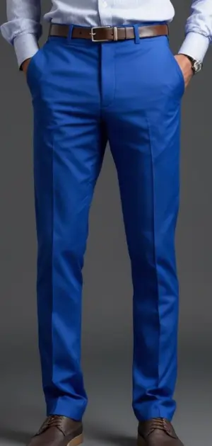 Man in bright blue trousers with a light shirt, brown belt, and brown shoes