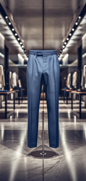 Tailored blue pants displayed in a contemporary retail environment