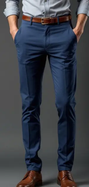 Man wearing dark blue trousers with a grey shirt, brown belt, and brown dress shoes.