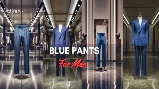 A collage featuring Blue Pants For men and suits for men in various elegant retail settings.