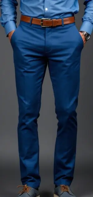 Man in medium blue trousers with a matching blue shirt, brown belt, and grey shoes.