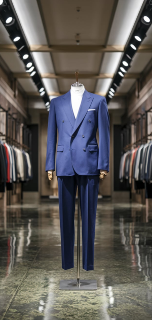 Double-breasted blue suit with matching pants on a mannequin in a high-end store.