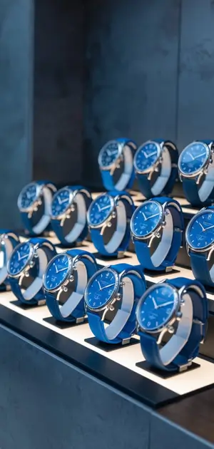 display of blue wristwatches with gold and silver accents