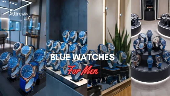 Multiple blue wristwatches with unique designs displayed in a retail store