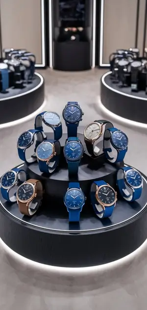 Blue wristwatches arranged in rows under focused lighting.