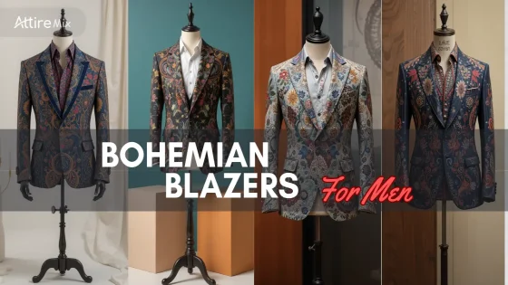 Vibrant bohemian blazers for men showcasing intricate floral patterns and bold designs. Caption: Eye-catching men's blazers with unique bohemian-inspired floral prints. Alt text: Mannequins display men's bohemian blazers with bold, colourful floral designs.