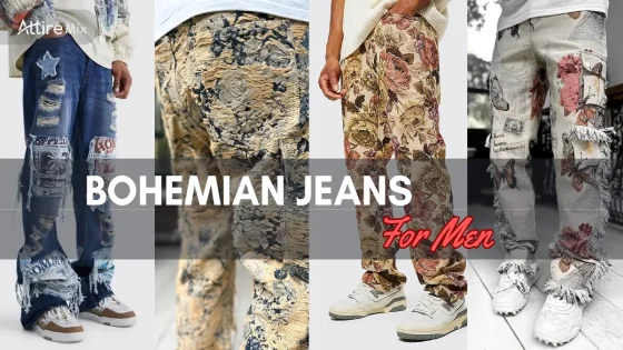 Men’s bohemian jeans featuring artistic floral patterns, patchwork, and textured accents boho jeans for men.