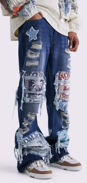 Men’s bohemian jeans with textured fabric, patch details, and distressed accents bohemian jeans for sale.
