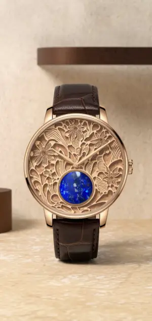 Detailed bohemian watch with vibrant gemstones on brown strap