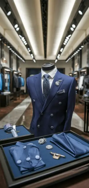 Navy suit with gray tie, lapel chain, and floral pin displayed in a boutique.