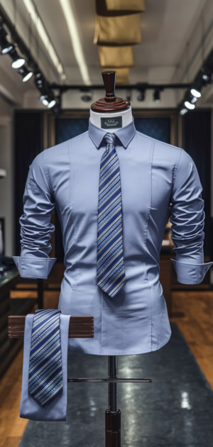 Blue dress shirt with a striped tie displayed on a mannequin in a formal clothing store.