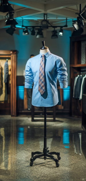Blue dress shirt with a plaid tie displayed in a dimly lit clothing store.