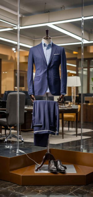 Blue suit on display in a polished store setting