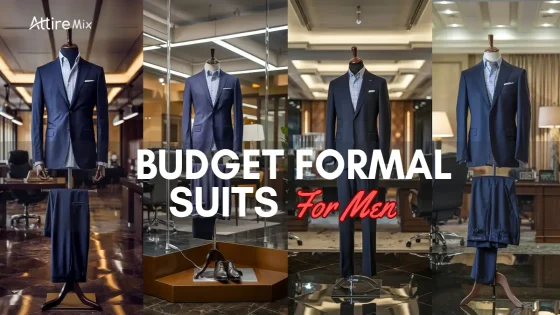 Selection of budget Budget Formal Suits For men displayed in an elegant store.