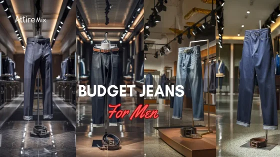 Collage of budget jeans for men displayed in retail stores