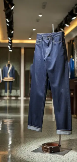 Classic rolled-up blue jeans on display