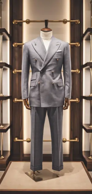 Mannequin dressed in a stylish gray double-breasted suit