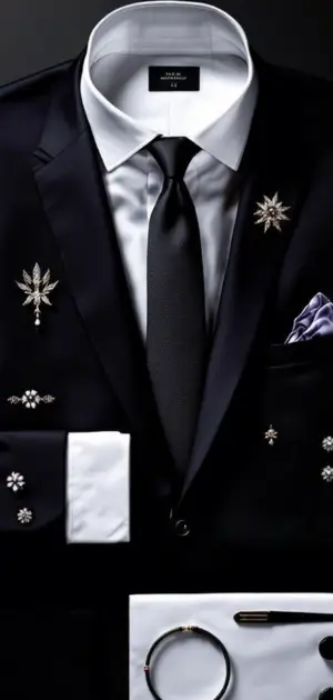 Elegant black suit with silver embellishments and a black tie