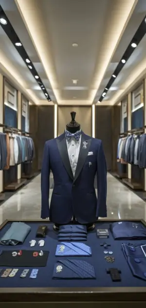 Navy tuxedo-style suit with bow tie, lapel pin, and matching accessories in a modern boutique.