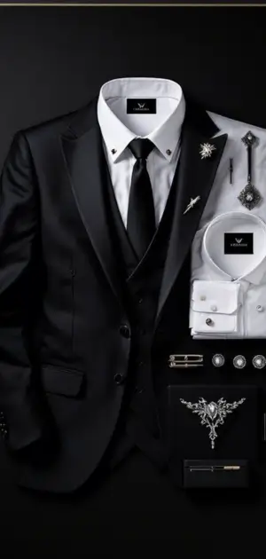 Classic black three-piece suit with silver accents and accessories
