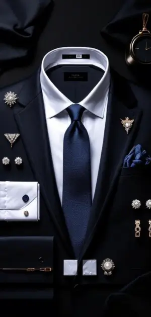Navy suit with blue tie and silver accessories, neatly arranged