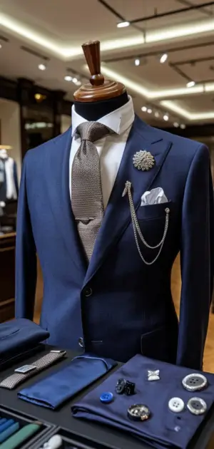 Navy suit with blue tie, lapel pin, and pocket square displayed with accessories.
