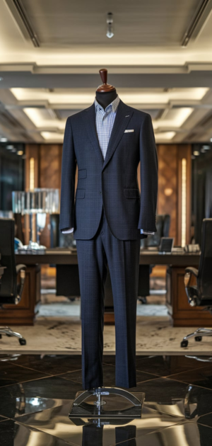 Full suit displayed in a reflective store setting.