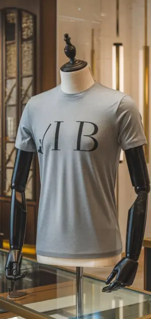Light grey t-shirt with bold 'YIB' print on display